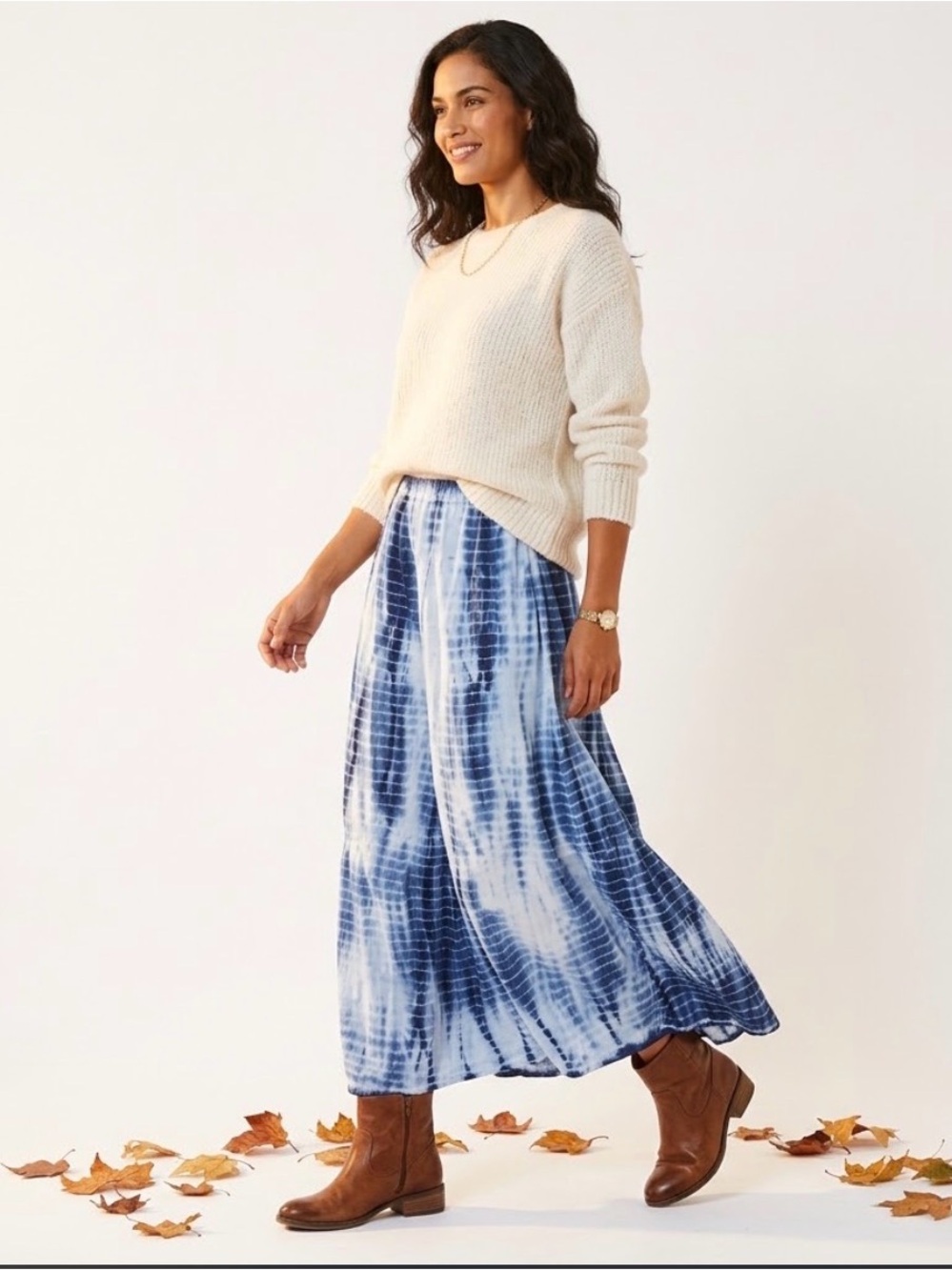 Chico’s Navy Tie‑Dye Cotton Maxi Skirt | Size 1 (M/L) | Coastal Resort Lined